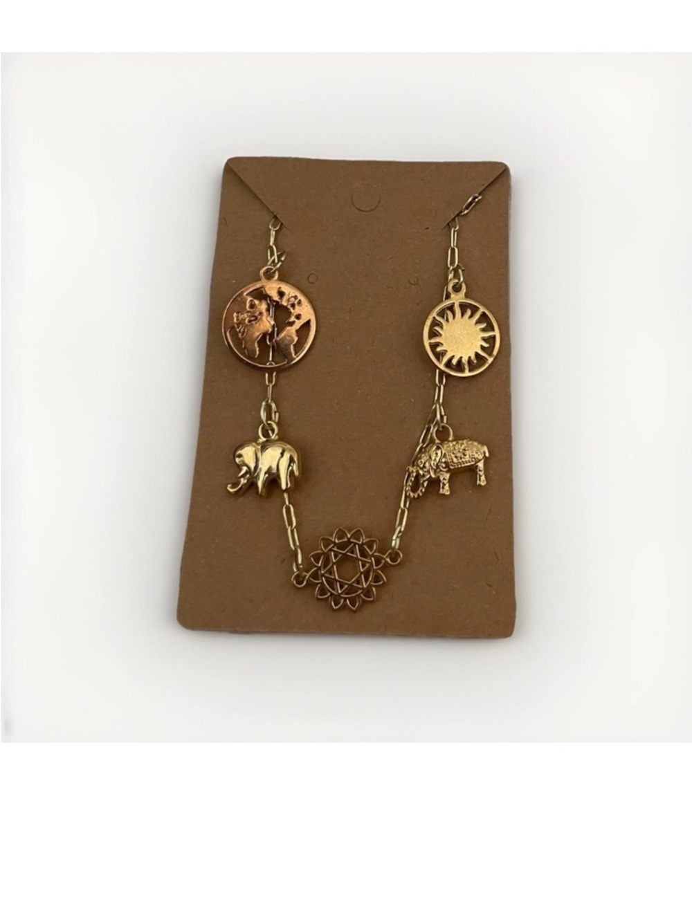 Boho Gold Tone Multi Charm Necklace World Map Elephant Sun Star Unique Jewelry